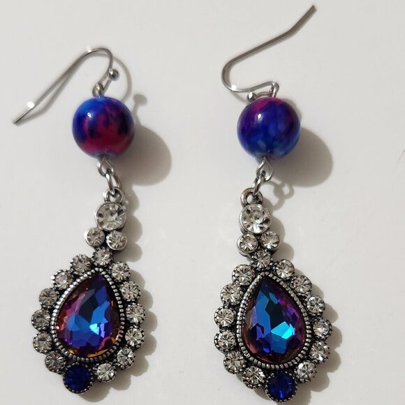 Hand Crafted Dangle Earrings Bead Crystals Rhinestones Charm Pendant Purple Blue - Picture 1 of 4